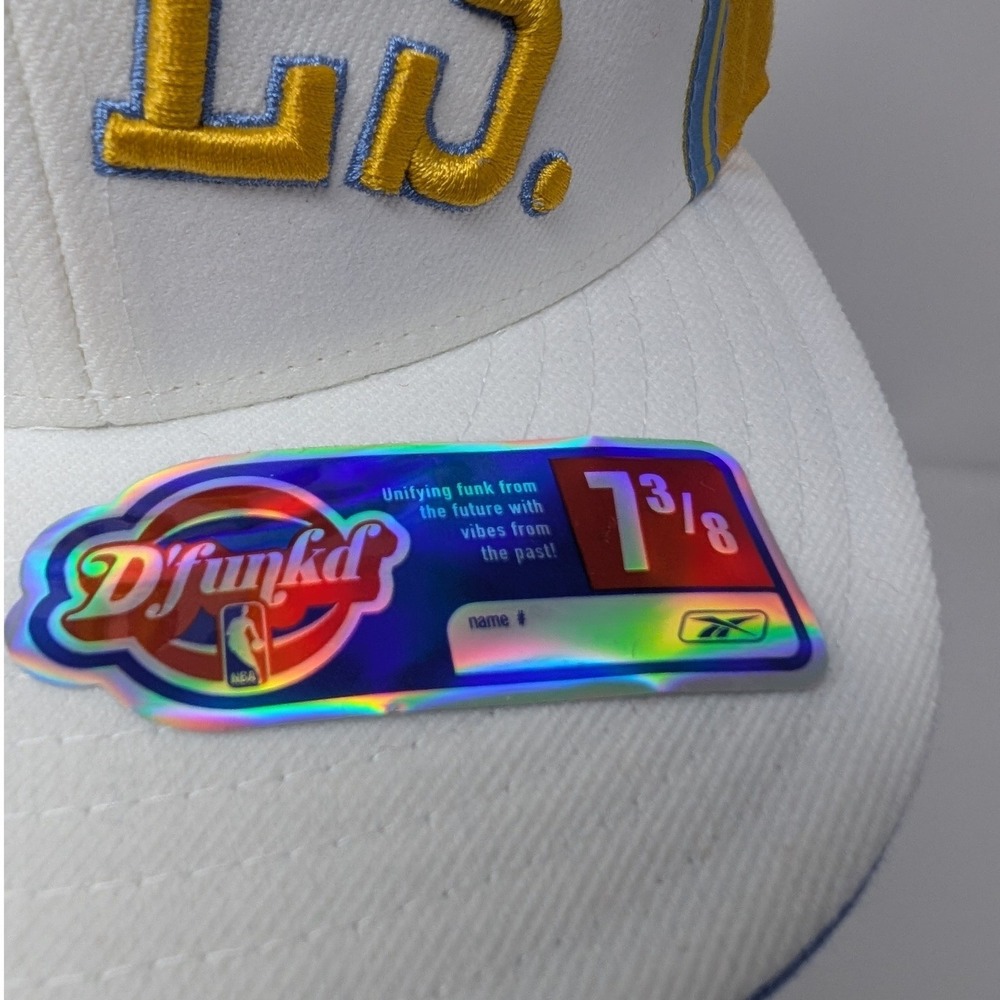 Reebok NWT MPLS Lakers D'Funkd Fitted Hat 7 3/8 Wool White Yellow Blue Flat Brim - Picture 9 of 13